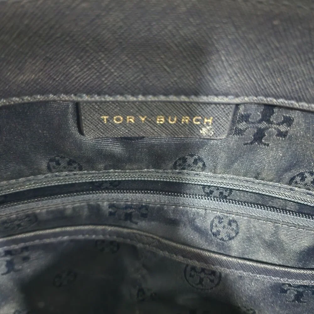 Tory Burch‎ Navy Saffiano Leather Tote Bag Gold Logo Classic Work Shopper